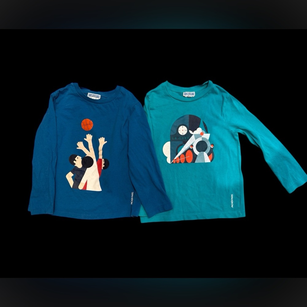 Jacadi Kids Tees - Blue and Teal with Playful Graphics bundle of two.